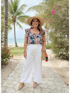theGET Plus 3X Floral Ruffle Strap Top Navy Multi Tropical